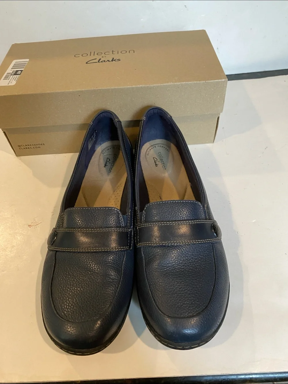 Clarks Cora Daisy Deep Navy Textured Slip-on Wedge Loafers